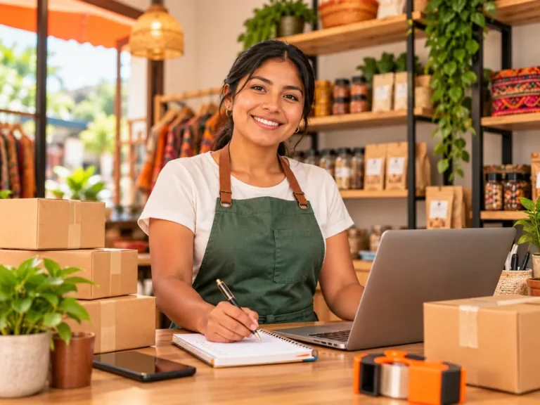 Vendedora gestionando sus pedidos en su tienda